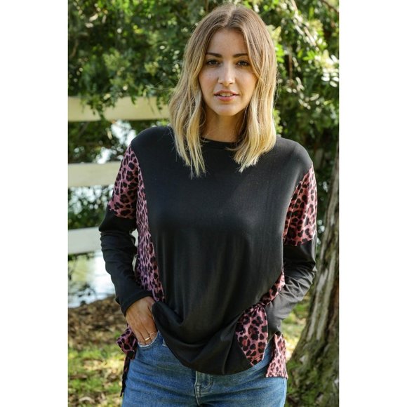 Leopard Print Color Block Dolman Loose Fit Top - Picture 7 of 10